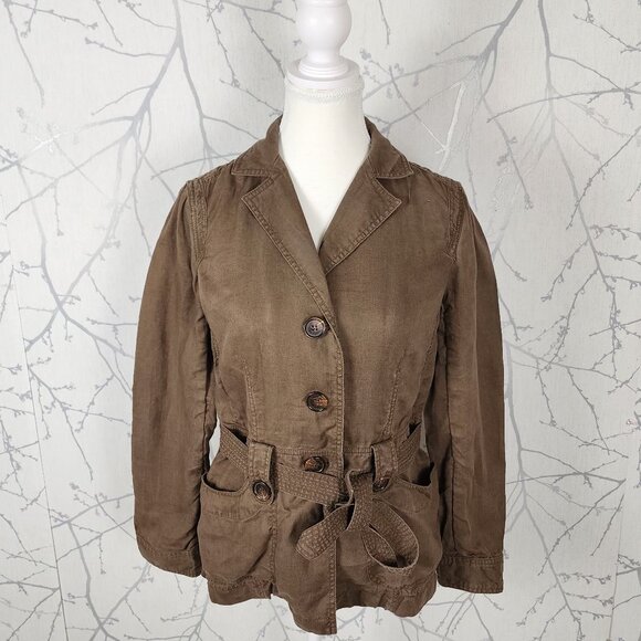 Pablo Gerard Darel Beige Tan 100% Linen Button Front Belted Jacket - Picture 1 of 5